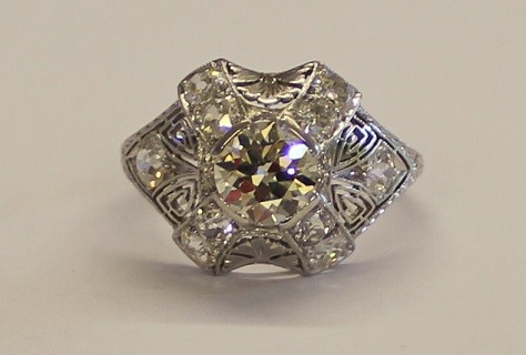 Tested as platinum vintage style diamond cluster ring set with central brilliant cut diamond - Image 2 of 7