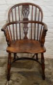 19th century yew wood Windsor chair with pierced splat & turned arm supports with crinoline