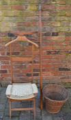 Gentleman's valet chair, wicker waste paper basket & a vintage window opener