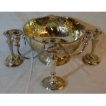 Sheffield silver plate 3 branch candelabra, a pair of silver plate candle sticks & a punch bowl