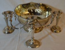 Sheffield silver plate 3 branch candelabra, a pair of silver plate candle sticks & a punch bowl