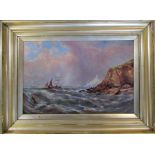 Gilt framed oil on canvas of a seascape with ships and cliffs in the foreground and a lighthouse