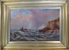 Gilt framed oil on canvas of a seascape with ships and cliffs in the foreground and a lighthouse
