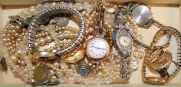 Selection of costume jewellery & watches including marcasite cocktail watch & 9ct gold ladies