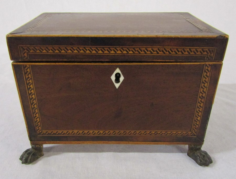 Wooden inlaid tea caddy with metal claw feet (missing interior lids) H 13 cm L 17.5 cm & sarcophagus - Image 6 of 8