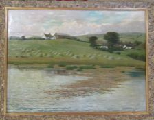 Alfred Heaton Cooper (1864-1929) framed oil on canvas of a landscape with river in foreground and