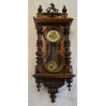 Musical Vienna regulator wall clock with 2 train spring driven movement & horse pediment Ht 112cm