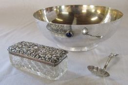 Silver plated bowl with coloured stone embellishments 8" x 3 ", silver topped trinket pot Birmingham