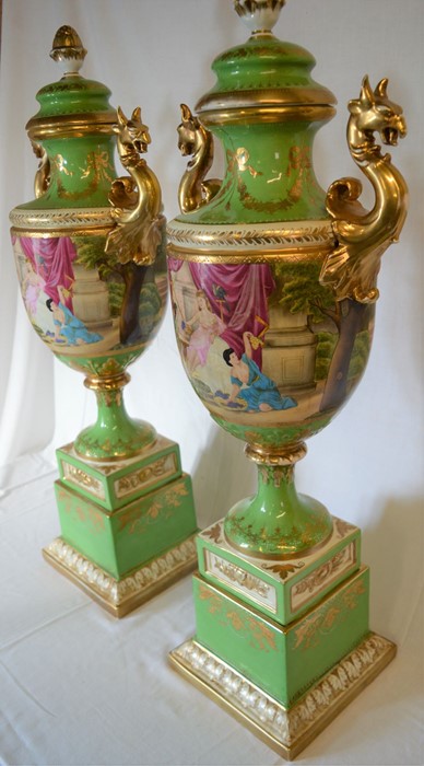 Pair of extremely large late 19th/early 20th century Vienna style lidded vases in a green ground - Image 3 of 4