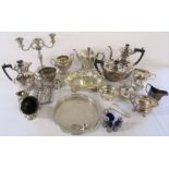 Selection of silver plate inc candelabra, tea set, toast rack, tray etc