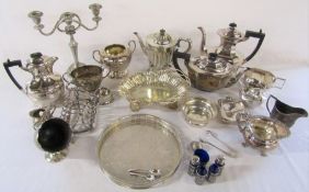 Selection of silver plate inc candelabra, tea set, toast rack, tray etc