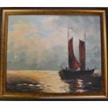 Framed oil on canvas of 2 fishing boats at sea. Frame size 70cm by 60cm