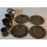 19th century pewter including 5 plates & 4 tankards