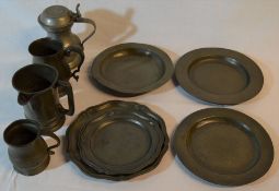 19th century pewter including 5 plates & 4 tankards