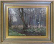 Herbert Rollett (1872-1932) framed oil on board landscape of a woodland scene in the manner of