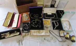 Large quantity of costume jewellery inc silver and silver gilt & pair of opera glasses