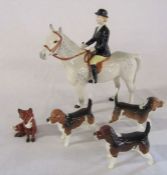 Beswick figure of a huntswoman on a dapple horse with 3 hounds and a fox H 21 cm (two hounds af)