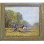 Ernest B Perry (1908-1976) - framed oil on board landscape of a horse drawn harvester 42cm x 37