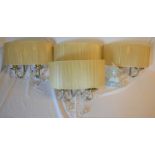 4 brass wall lights with silk shades & crystal drops