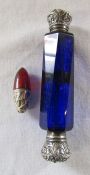 White metal and blue glass double ended scent bottle L 12.5 cm & a silver and cranberry glass bottle