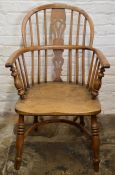 19th century yew wood Windsor chair with pierced splat & turned arm supports with crinoline