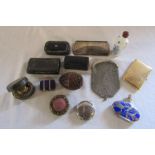 Assorted snuff boxes, pin cushion, white metal purse, travel inkwell, treen etc