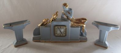 French Art Deco blue glazed clock garniture (one flanking piece af) clock L 35 cm H 25 cm