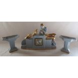 French Art Deco blue glazed clock garniture (one flanking piece af) clock L 35 cm H 25 cm