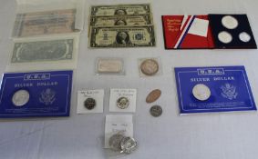 Selection of USA currency including Bicentennial silver proof set 1976, silver dollar coins 1898,