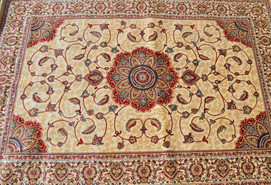 Kashmir full pile rug on gold ground with floral medallion design 170cm x 120cm - Image 2 of 2