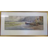 Framed watercolour of a harbour scene signed T B Hardy with fishermen in boats in foreground 88 cm x