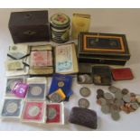 Small collection of commemorative coins, old GB coins, bank notes and money boxes