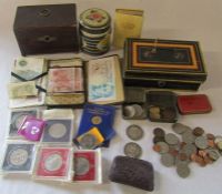 Small collection of commemorative coins, old GB coins, bank notes and money boxes