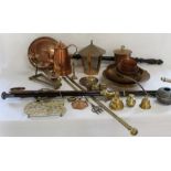 Selection of brass and copper including telescopic toasting fork, warming pan, trivets, child's