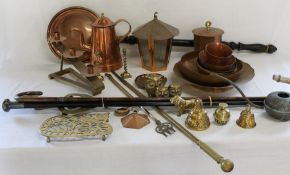 Selection of brass and copper including telescopic toasting fork, warming pan, trivets, child's