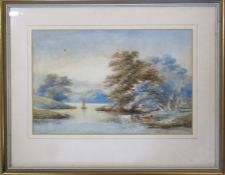 Framed watercolour landscape of cattle by a river with a sailing boat signed John Burrel Smith 44 cm