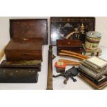 Papier mache glove boxes, Victorian mahogany writing slope (distressed), rosewood jewellery box,