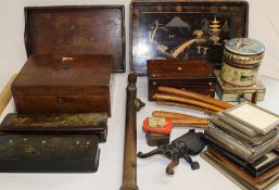 Papier mache glove boxes, Victorian mahogany writing slope (distressed), rosewood jewellery box,