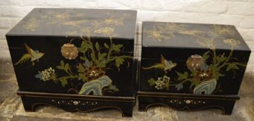 Pair of Oriental lacquer graduated chests on bases. Largest L58cm D 38cm Ht 44cm