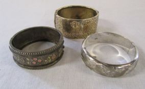 3 silver bangles - leaf pattern Birmingham 1965 weight 1.35 ozt, coloured flowers and leaves