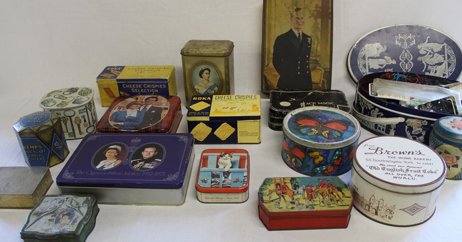 Quantity of vintage biscuit tins including Sharp and Huntley & Palmers, cigarette box & selection of