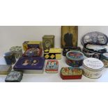 Quantity of vintage biscuit tins including Sharp and Huntley & Palmers, cigarette box & selection of