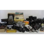 Selection of cameras, tripods, books on photography, Johnson Exactum postcard printer, Brownies,