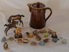 Various  Wade Whimsies, 2 Beswick foals & a Denby lidded jug