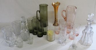 Pink / smokey glass water sets, Carnival vase, decanters etc.