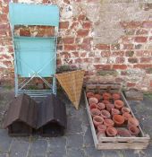 Tray of terracotta pots, hanging basket, 2 wooden bird houses and 2 folding garden chairs