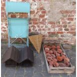 Tray of terracotta pots, hanging basket, 2 wooden bird houses and 2 folding garden chairs