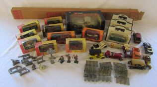 Selection of die cast cars inc Matchbox and Burago, lead figures and Peco streamline 00 rail
