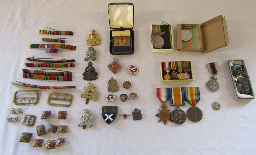 Selection of militaria etc inc buttons, badges inc silver ARP badge, ribbons, dress medals, HRH