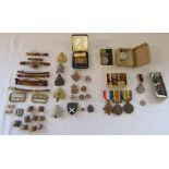 Selection of militaria etc inc buttons, badges inc silver ARP badge, ribbons, dress medals, HRH